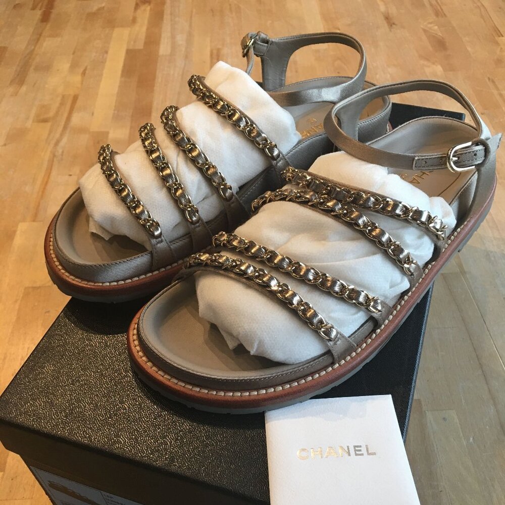 Chanel Gold Chain Strap Sandals G30591X01008 Sz 35.5(5US) NEW